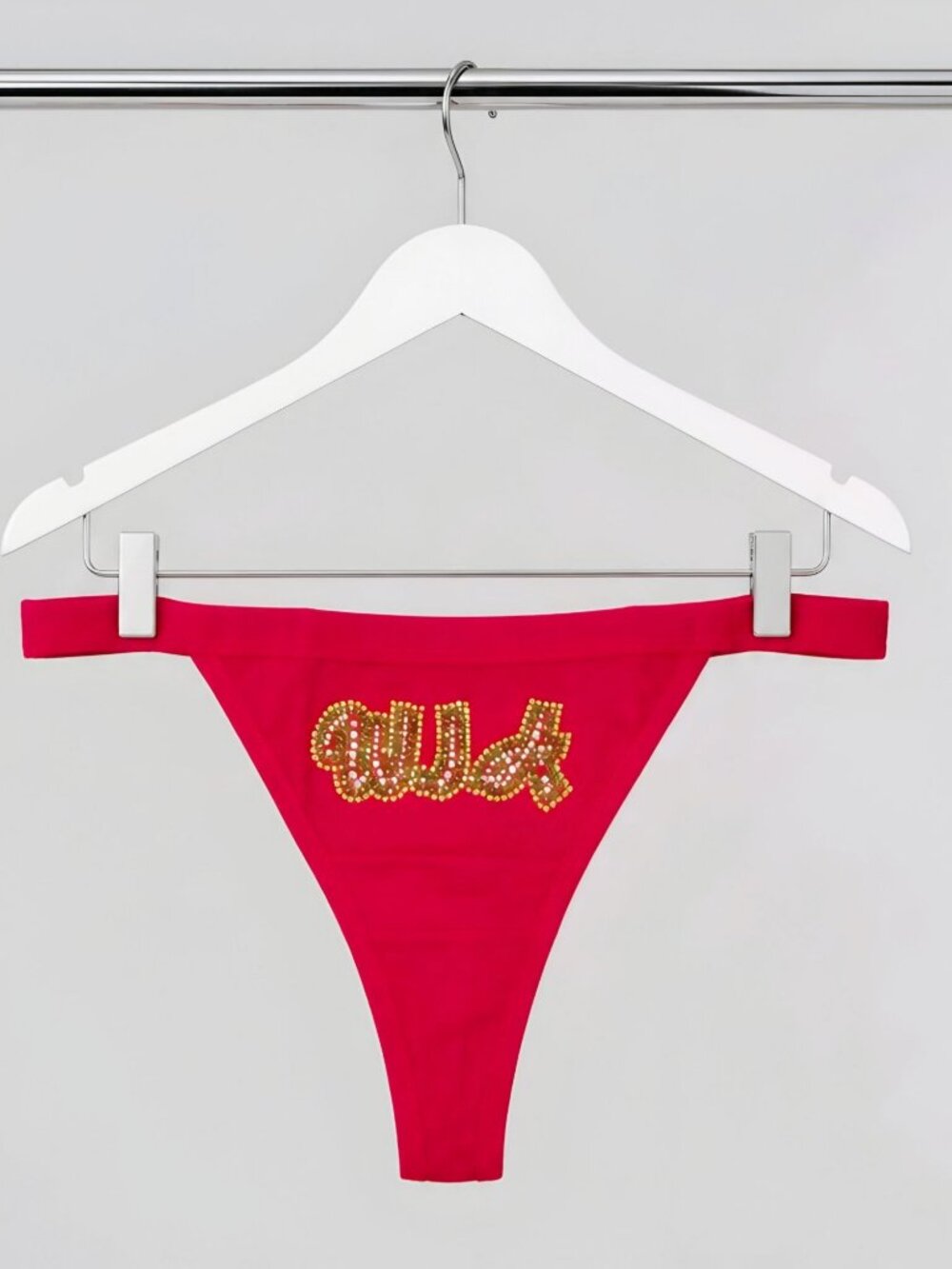 W.I.A ✦ Fave Fruit Crystal Strass Red Thong ✦ Rhinestone Logo Graphic Stretch L